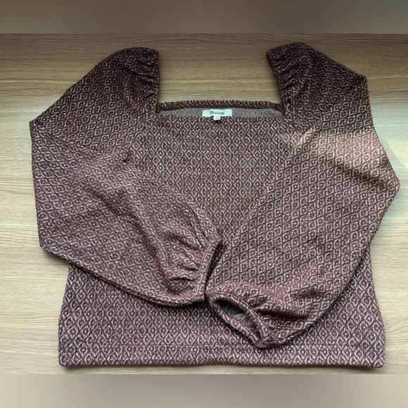 Madewell Chocolate Brown Textured Knit Square Neck Puff Sleeve Top S Cottagecore - Picture 2 of 10